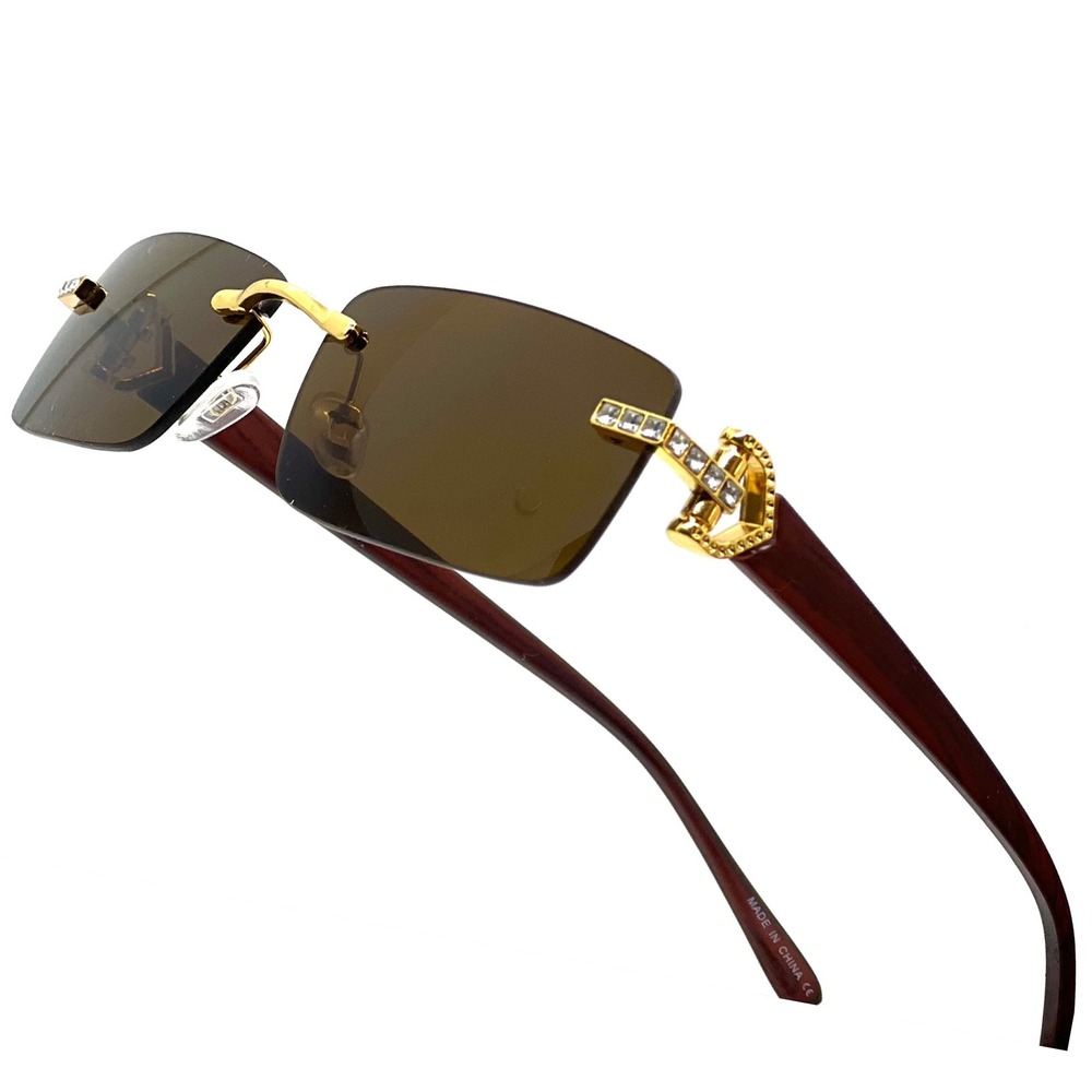 Mens Rimless Sunglasses Rectangle Brown Lens Gold Accents Bling Hip Hop Shades‎